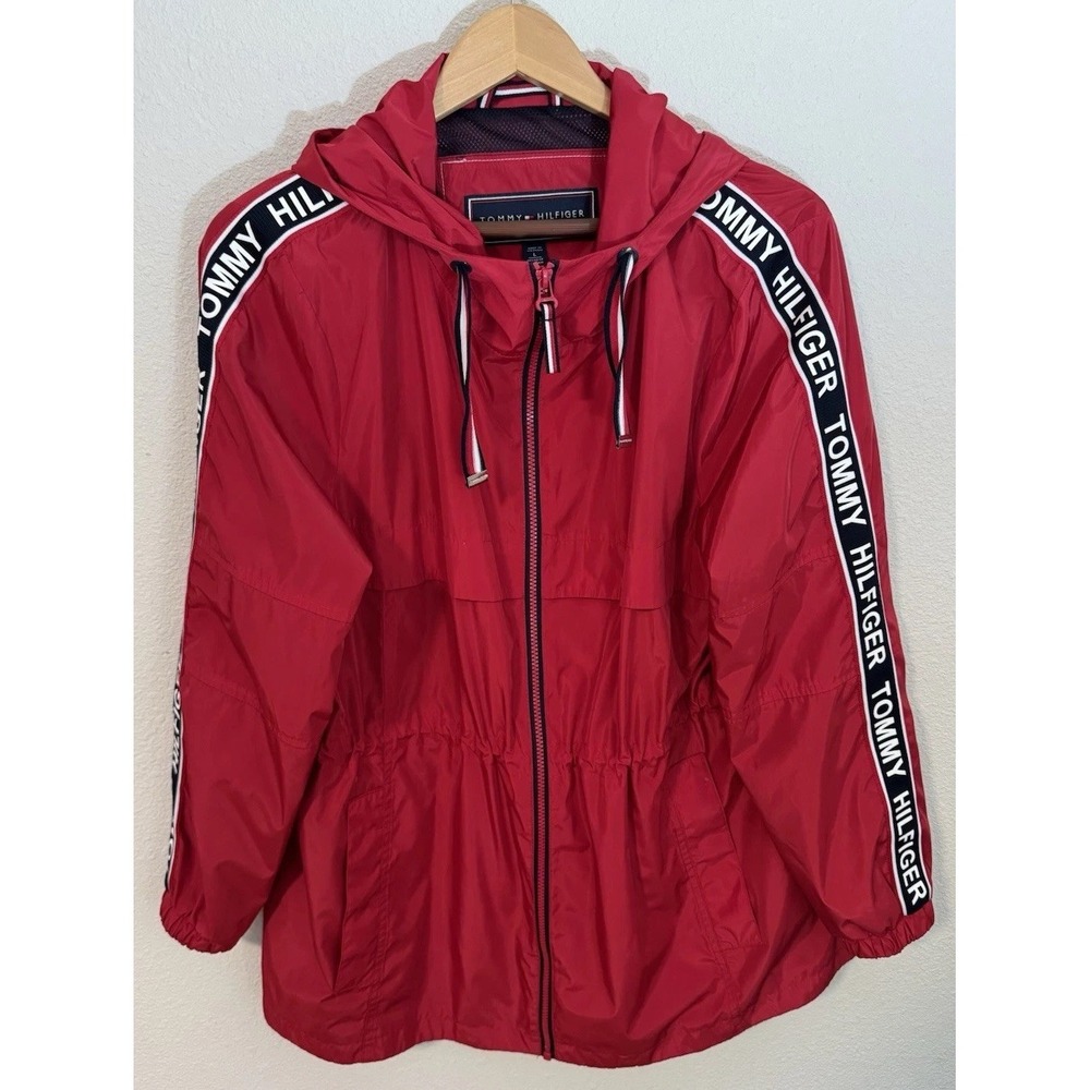 Tommy Hilfiger Ladies' Red Hooded Lightweight Windbreaker Jacket Full Zip Size L